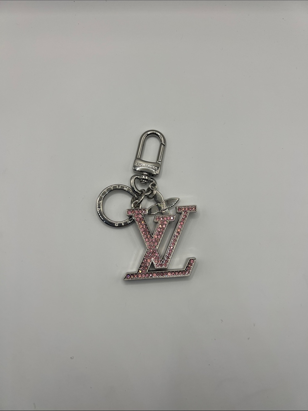1416. Pink Crystal Key Chain or Bag Charm with Stamped Silver Hardware - Picture 3 of 3